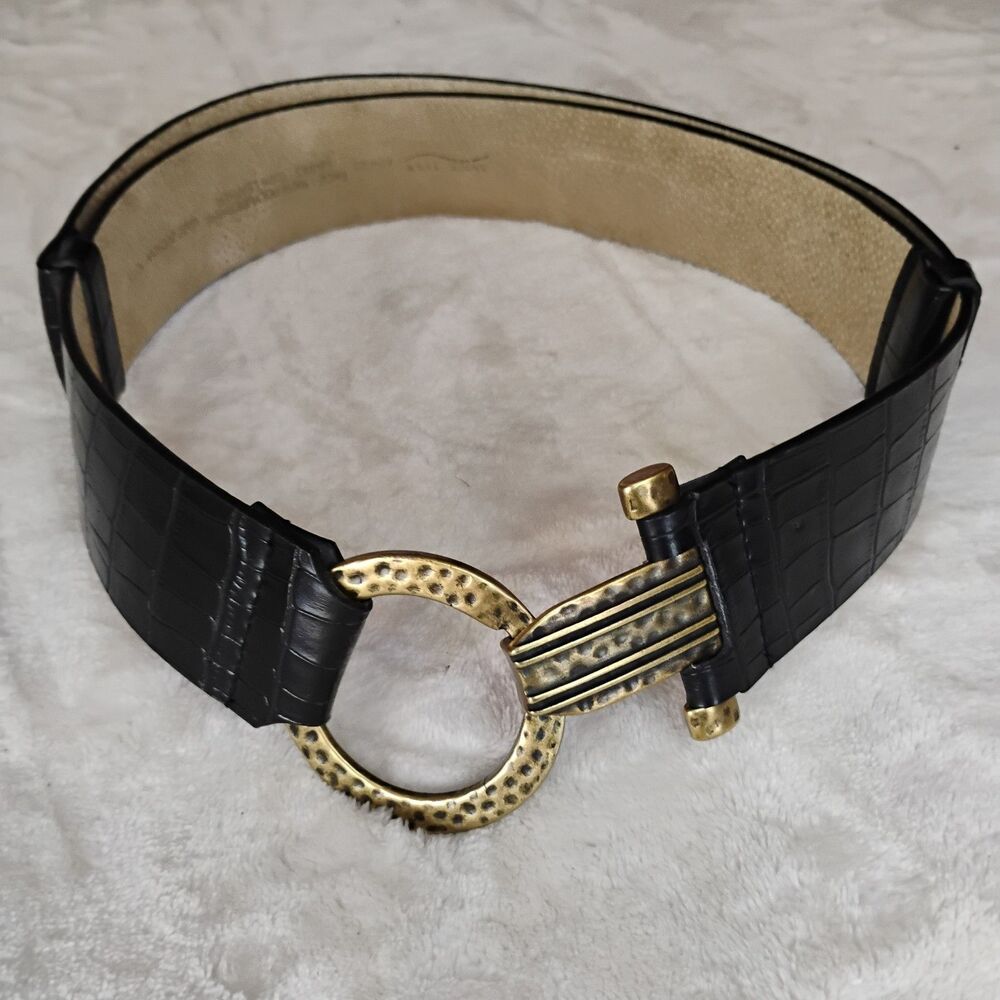 Vintage Aimee Lynn Adjustable Belt Hammered Brass Hook Ring Black Croc 26"- 45"